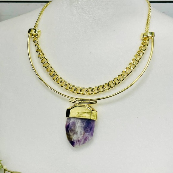 NWT French Connection Gold Necklack with Purple Marble Pendulum - Picture 2 of 8